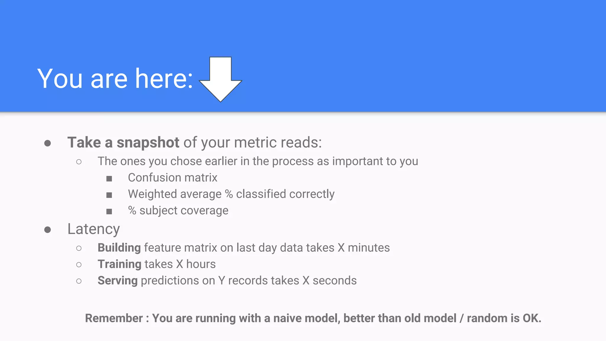 Why so many parts you ask?
● Scaling
● Fault tolerance
○ Failed preprocessing /training doesn’t affect serving model
○ Rerunning only failed parts
● Different logical parts - Different processes (@”Clean code” by Uncle Bob)
○ Easier to read
○ Easier to change code - targeted changes only affect their specific process
○ One input, one output (almost…)
● Easier to tweak and deploy changes
 