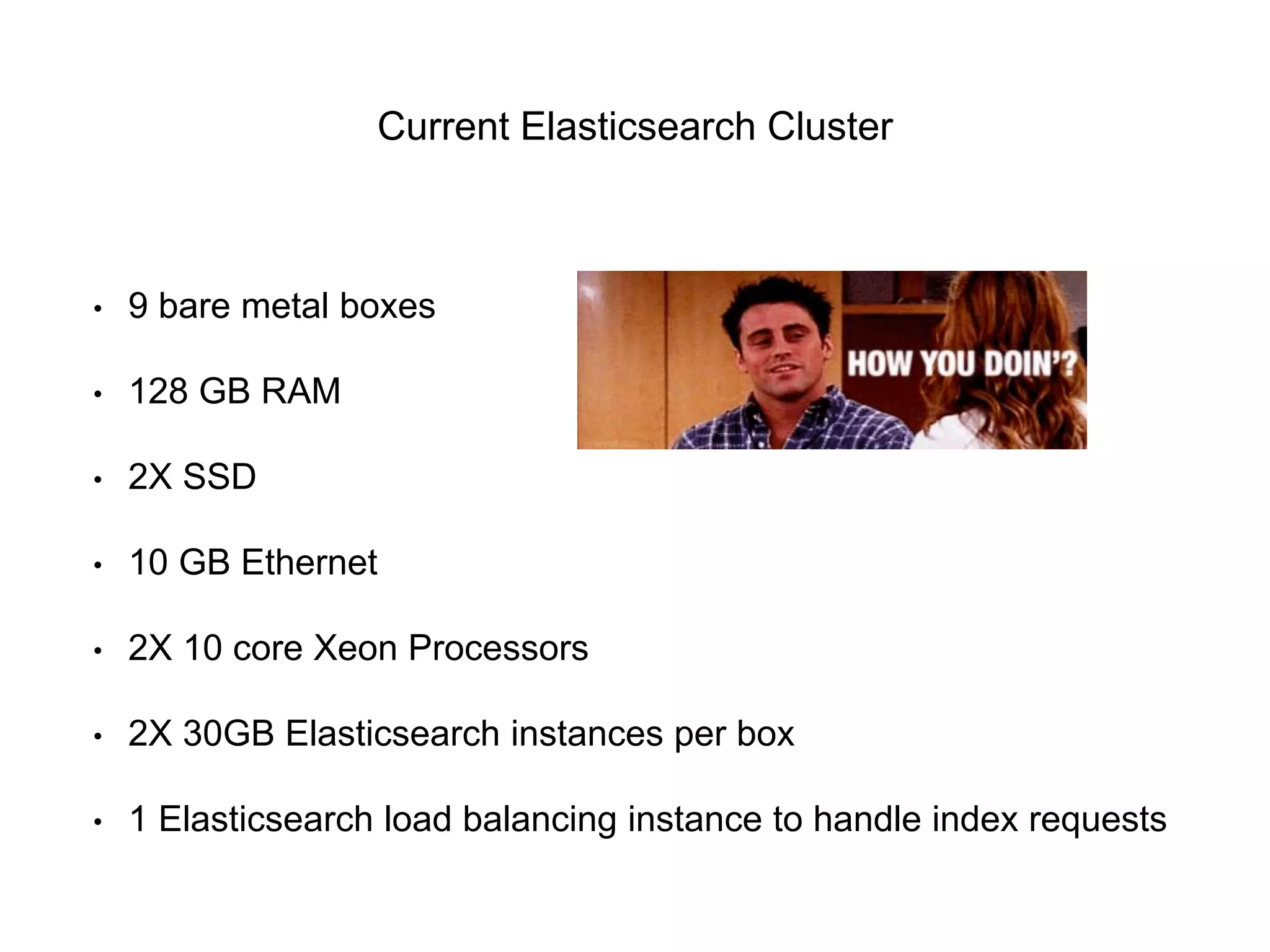 Current Elasticsearch Cluster 
• 9 bare metal boxes 
• 128 GB RAM 
• 2X SSD 
• 10 GB Ethernet 
• 2X 10 core Xeon Processors 
• 2X 30GB Elasticsearch instances per box 
• 1 Elasticsearch load balancing instance to handle index requests 
 