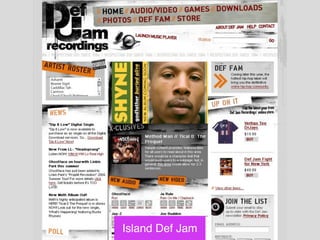 Island Def Jam   COMMENTS: While working at Def Jam, we produced and maintained more than 100 sites for the label and arti...