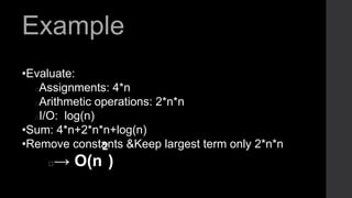 Example
•Evaluate:
Assignments: 4*n
Arithmetic operations: 2*n*n
I/O: log(n)
•Sum: 4*n+2*n*n+log(n)
•Remove constants &Keep largest term only 2*n*n
→ O(n
2
)
 