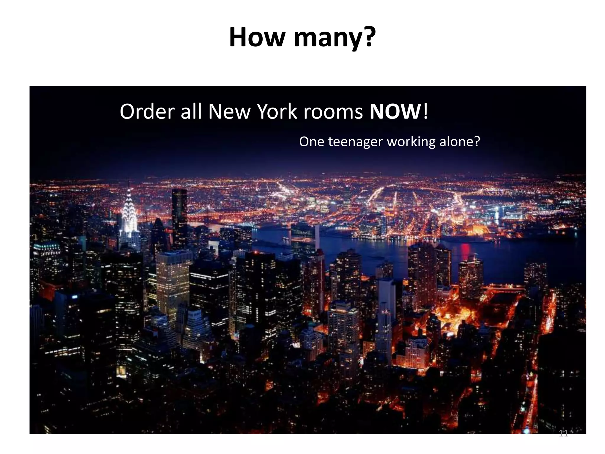 How many? 
11 
Order all New York rooms NOW! 
One teenager working alone? 
 