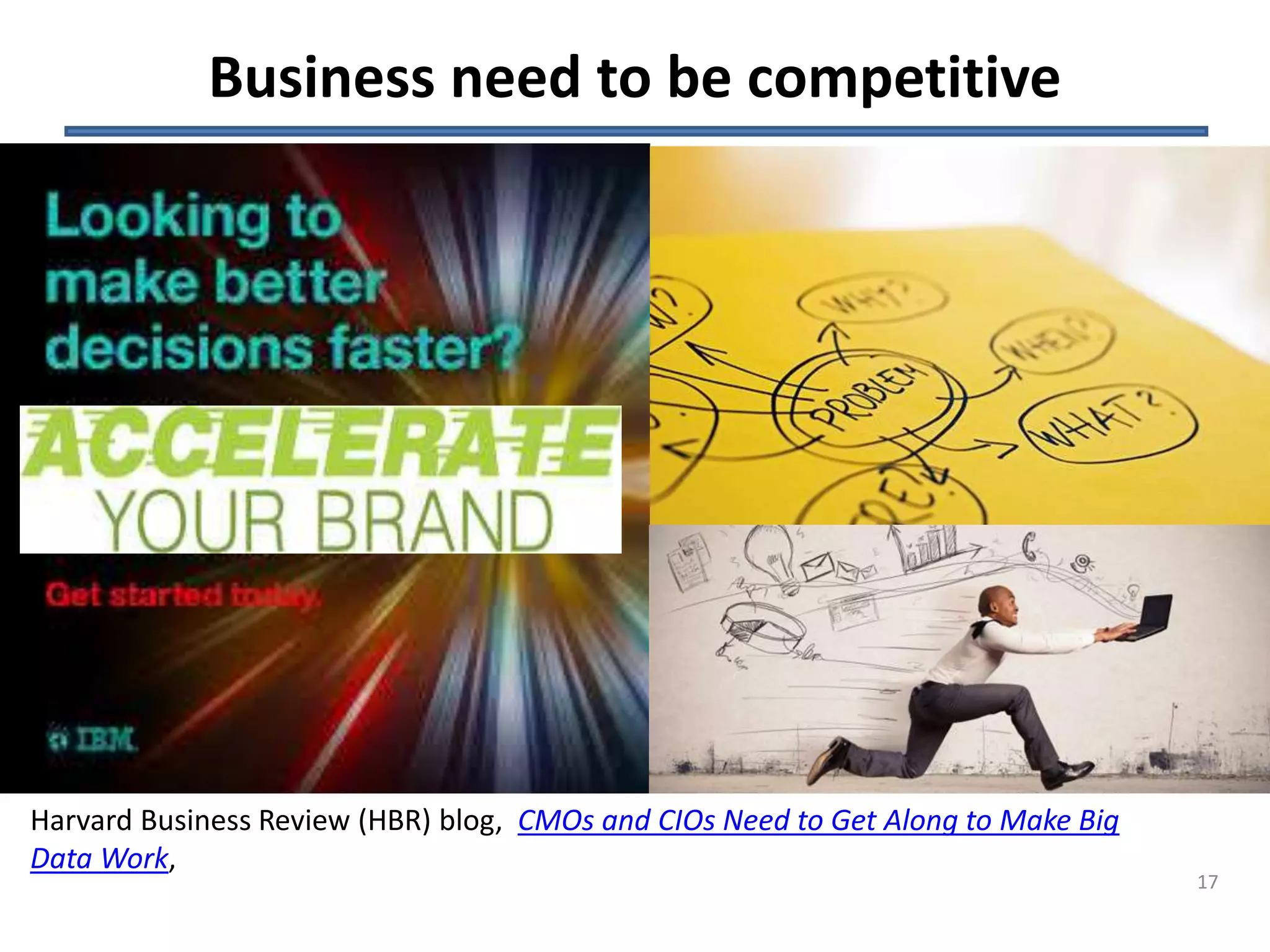 Business need to be competitive 
17 
Harvard Business Review (HBR) blog, CMOs and CIOs Need to Get Along to Make Big 
Data Work, 
 