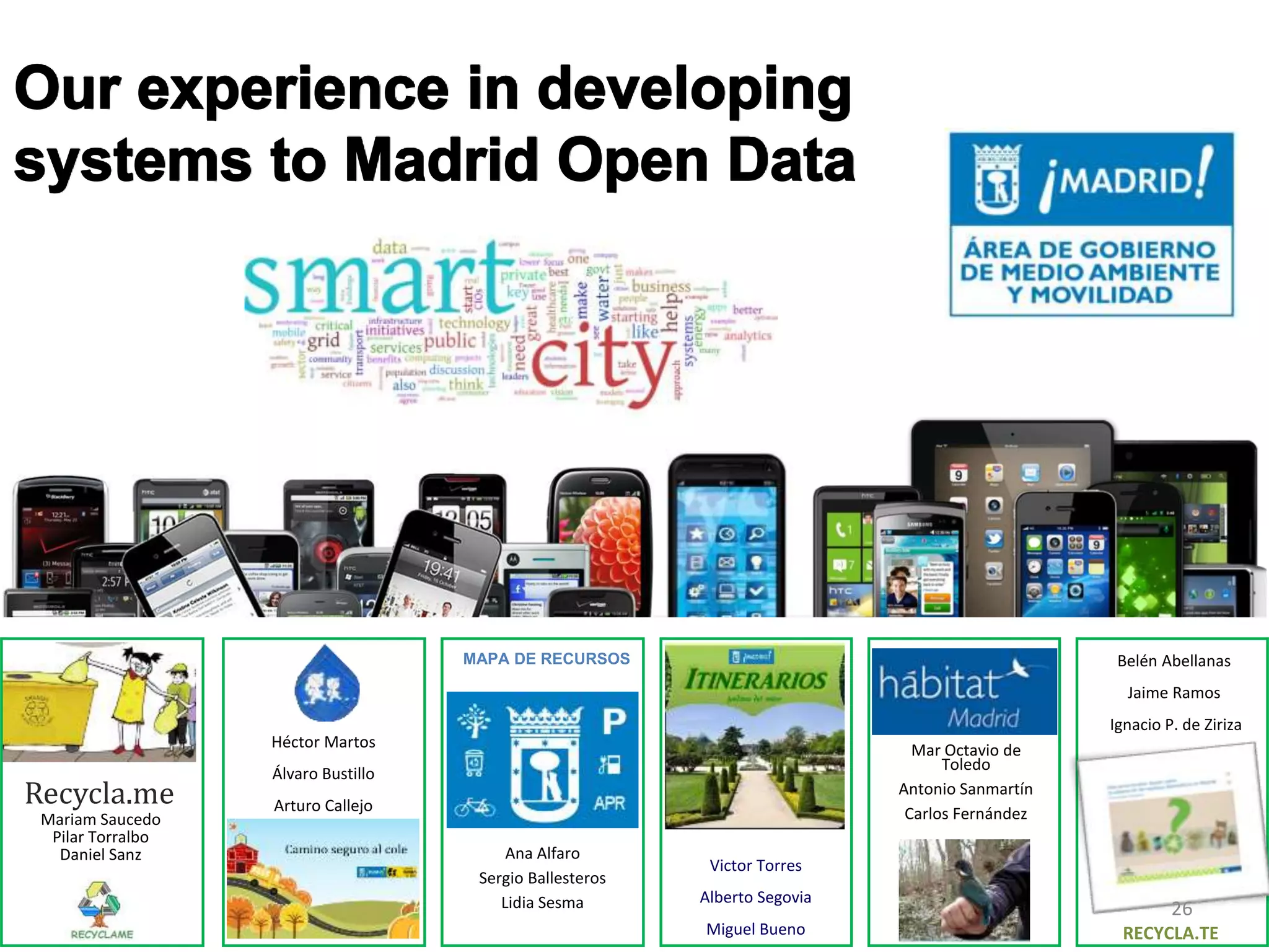 Recycla.me 
Mariam Saucedo 
Pilar Torralbo 
Daniel Sanz 
Ana Alfaro 
Sergio Ballesteros 
Lidia Sesma 
Héctor Martos 
Álvaro Bustillo 
Arturo Callejo 
Belén Abellanas 
Jaime Ramos 
Ignacio P. de Ziriza 
Victor Torres 
Alberto Segovia 
Miguel Bueno 
Mar Octavio de 
Toledo 
Antonio Sanmartín 
Carlos Fernández 
MAPA DE RECURSOS 
26 
RECYCLA.TE 
 