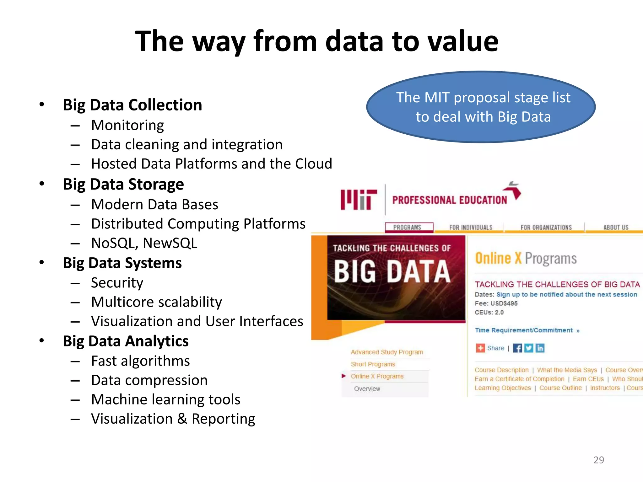 The way from data to value 
• Big Data Collection 
– Monitoring 
– Data cleaning and integration 
– Hosted Data Platforms and the Cloud 
• Big Data Storage 
– Modern Data Bases 
– Distributed Computing Platforms 
– NoSQL, NewSQL 
• Big Data Systems 
– Security 
– Multicore scalability 
– Visualization and User Interfaces 
• Big Data Analytics 
– Fast algorithms 
– Data compression 
– Machine learning tools 
– Visualization & Reporting 
29 
The MIT proposal stage list 
to deal with Big Data 
 