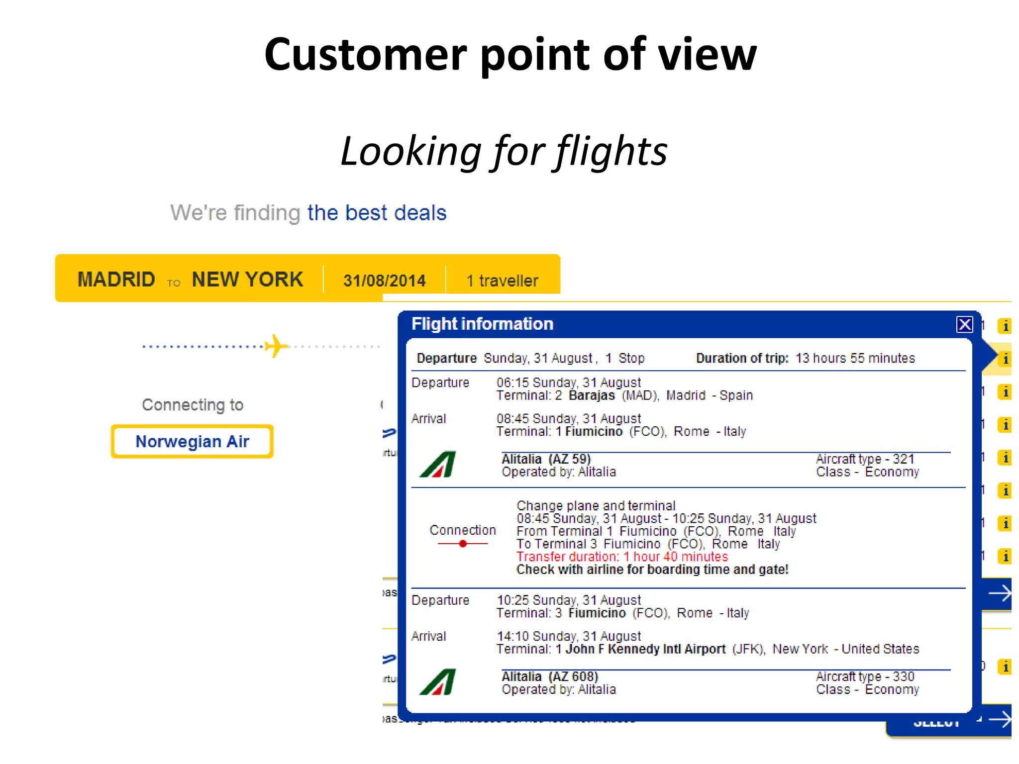 Customer point of view 
Looking for flights 
– Not a simple search 
7 
 