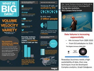 Alex ' Sandy' Pentland, director of 'Media Lab' at
Massachusetts Institute of Technology (MIT):
The big data revolution,
2013 Campus Party Europe
16
Nowadays bussiness needs a high
avalailability of data, then new
techniques must be developed:
Complex analytics, Graph Databases
Data Volume is increasing
exponentially
– 44x increase from 2009 2020
– From 0.8 zettabytes to 35zb
 