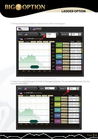IP a g e 1 5
LADDER OPTION
2. The second step is to choose an expiry time as show in the diagram.
3. Select the amount you want to invest in the space provided. The example below shows that the
amount is 250 dollars.
 