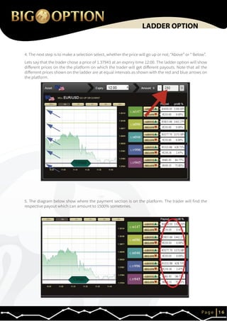 IP a g e 1 6
LADDER OPTION
4. The next step is to make a selection select, whether the price will go up or not; “Above” or “ Below”.
5. The diagram below show where the payment section is on the platform. The trader will find the
respective payout which can amount to 1500% sometimes.
Lets say that the trader chose a price of 1.37943 at an expriry time 12:00. The ladder option will show
different prices on the the platform on which the trader will get different payouts. Note that all the
differrent prices shown on the ladder are at equal intervals as shown with the red and blue arrows on
the platform.
 