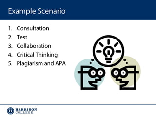 Example Scenario
1.
2.
3.
4.
5.

Consultation
Test
Collaboration
Critical Thinking
Plagiarism and APA

 