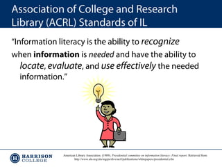 Association of College and Research
Library (ACRL) Standards of IL
“Information literacy is the ability to recognize
when information is needed and have the ability to
locate, evaluate, and use effectively the needed
information.”

American Library Association. (1989). Presidential committee on information literacy: Final report. Retrieved from
http://www.ala.org/ala/mgrps/divs/acrl/publications/whitepapers/presidential.cfm

 
