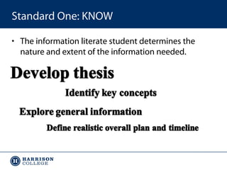 Standard One: KNOW
• The information literate student determines the
nature and extent of the information needed.

 