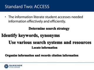 Standard Two: ACCESS
• The information literate student accesses needed
information effectively and efficiently.

 
