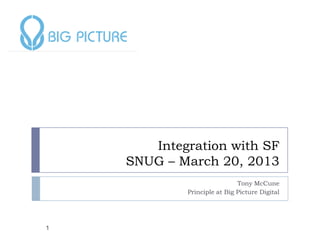 Integration with SF
    SNUG – March 20, 2013
                             Tony McCune
            Principle at Big Picture Digital




1
 