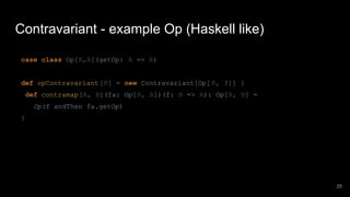 Contravariant - example Op (Haskell like)
case class Op[R,A](getOp: A => R)
def opContravariant [R] = new Contravariant[Op...