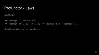 Haskell
● dimap id id == id
● dimap (f . g) (h . i) == dimap g h . dimap f i
Scala a bit more verbose
Profunctor - Laws
54
 