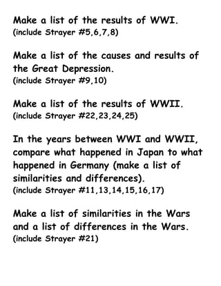 Make a list of the results of WWI.
(include Strayer #5,6,7,8)
Make a list of the causes and results of
the Great Depression.
(include Strayer #9,10)
Make a list of the results of WWII.
(include Strayer #22,23,24,25)
In the years between WWI and WWII,
compare what happened in Japan to what
happened in Germany (make a list of
similarities and differences).
(include Strayer #11,13,14,15,16,17)
Make a list of similarities in the Wars
and a list of differences in the Wars.
(include Strayer #21)
 