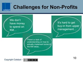 Challenges for Non-ProfitsWe don’t have money to spend on KM…It’s hard to get buy-in from upper management…There’s a lack of understanding on how to actually implement some of the KM ideas…10Copyright Catalyst -     