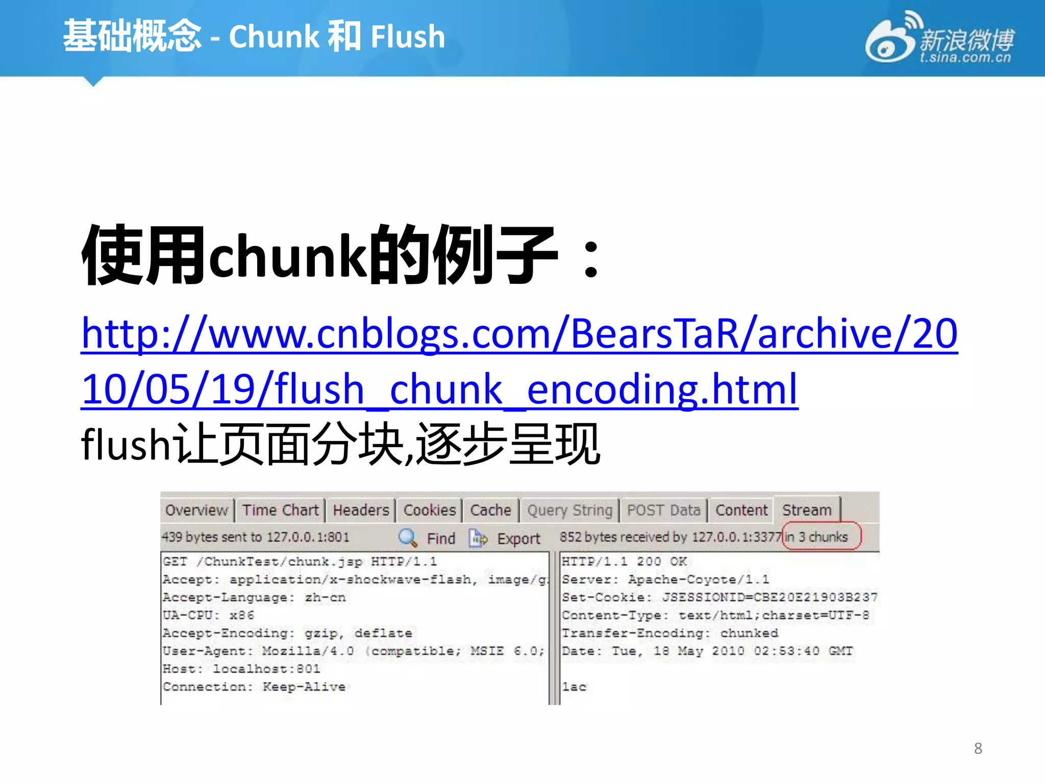 基础概念 - Chunk 和 Flush




使用chunk的例子：
http://www.cnblogs.com/BearsTaR/archive/20
10/05/19/flush_chunk_encoding.html
flush让页面分块,逐步呈现




                                             8
 