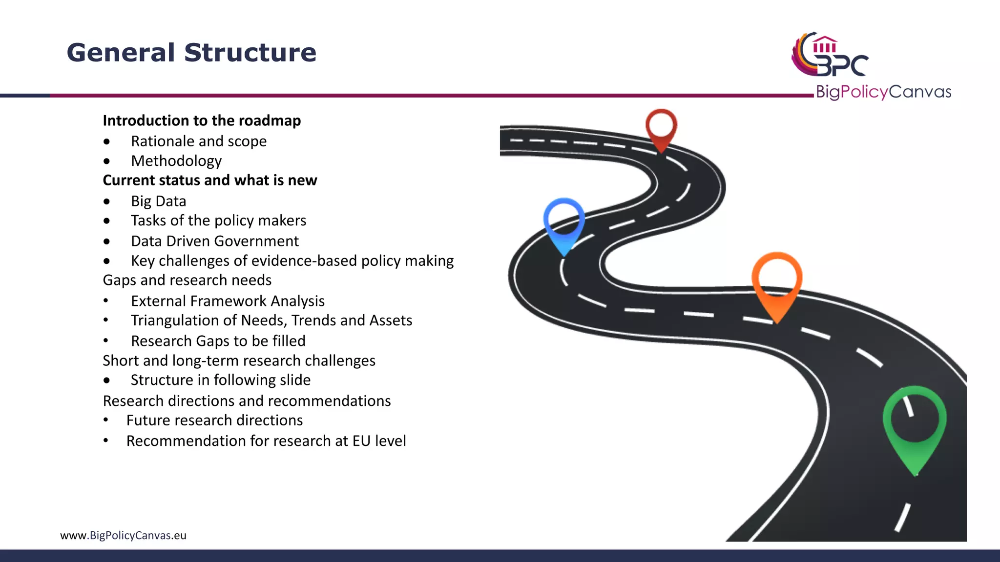14www.BigPolicyCanvas.eu
General Structure
Introduction to the roadmap
• Rationale and scope
• Methodology
Current status and what is new
• Big Data
• Tasks of the policy makers
• Data Driven Government
• Key challenges of evidence-based policy making
Gaps and research needs
• External Framework Analysis
• Triangulation of Needs, Trends and Assets
• Research Gaps to be filled
Short and long-term research challenges
• Structure in following slide
Research directions and recommendations
• Future research directions
• Recommendation for research at EU level
 
