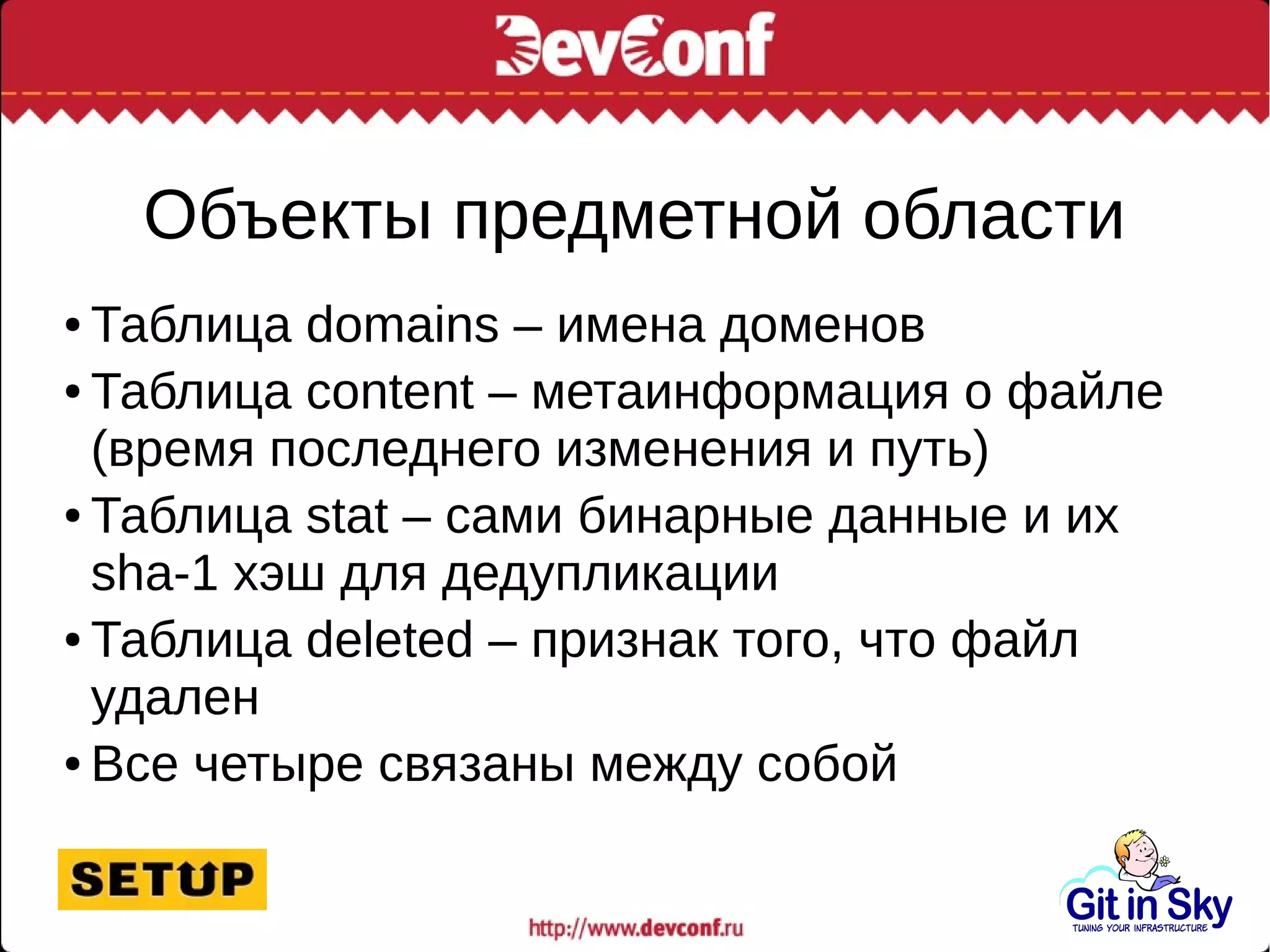 Объекты предметной области
● Таблица domains – имена доменов
● Таблица content – метаинформация о файле
(время последнего изменения и путь)
● Таблица stat – сами бинарные данные и их
sha-1 хэш для дедупликации
● Таблица deleted – признак того, что файл
удален
● Все четыре связаны между собой
 