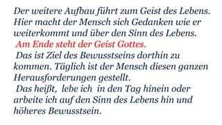 Der weitere Aufbau führt zum Geist des Lebens.
Hier macht der Mensch sich Gedanken wie er
weiterkommt und über den Sinn des Lebens.
Am Ende steht der Geist Gottes.
Das ist Ziel des Bewusstseins dorthin zu
kommen. Täglich ist der Mensch diesen ganzen
Herausforderungen gestellt.
Das heißt, lebe ich in den Tag hinein oder
arbeite ich auf den Sinn des Lebens hin und
höheres Bewusstsein.
 