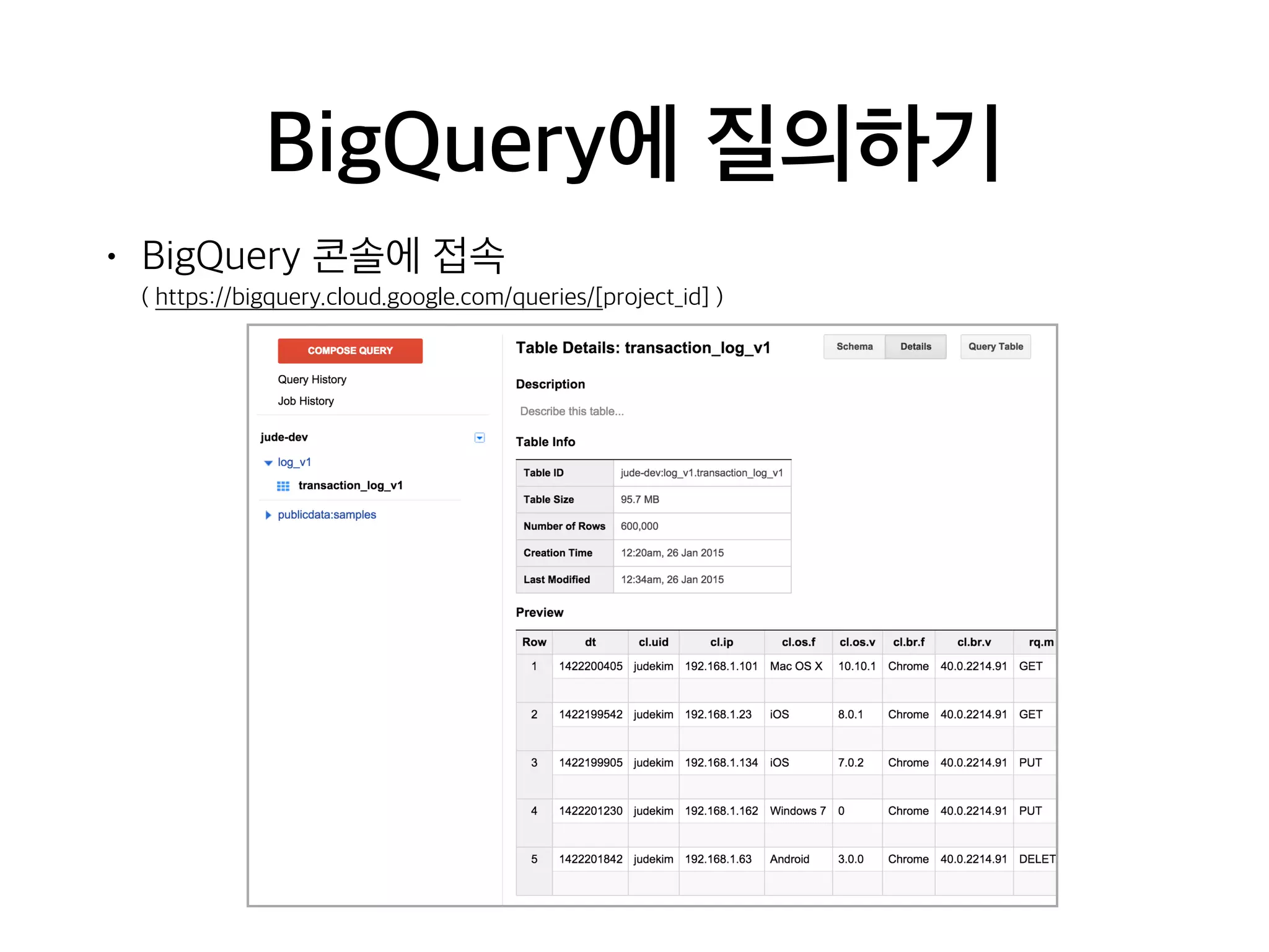 BigQuery에 질의하기
• BigQuery 콘솔에 접속  
( https://bigquery.cloud.google.com/queries/[project_id] )
 