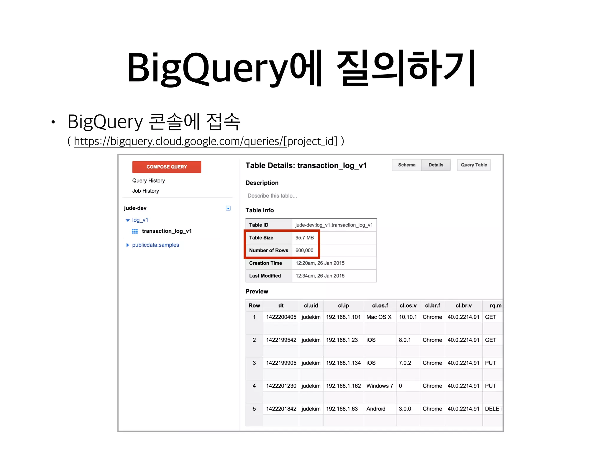 BigQuery에 질의하기
• BigQuery 콘솔에 접속  
( https://bigquery.cloud.google.com/queries/[project_id] )
 