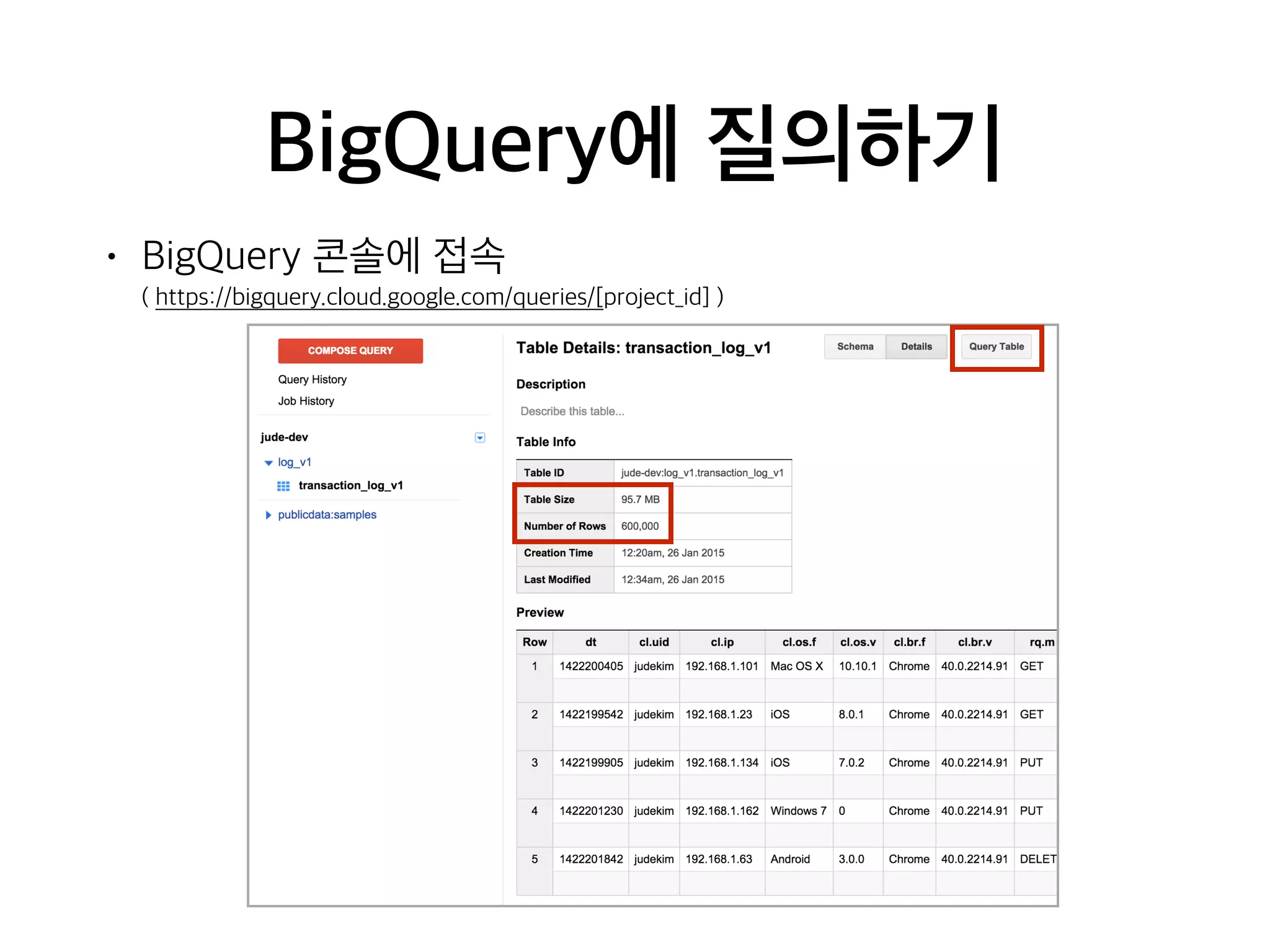 BigQuery에 질의하기
• BigQuery 콘솔에 접속  
( https://bigquery.cloud.google.com/queries/[project_id] )
 