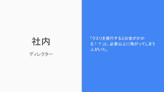 社内
ディレクター
「クエリを実行するとお金がかか
る！？」と、必要以上に怖がってしまう
人がいた。
 