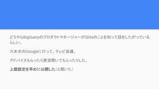 どうやらBigQueryのプロダクトマネージャーがQiitaのことを知って話をしたがっている
らしい。
六本木のGoogleに行って、テレビ会議。
アドバイスもらったり要望聞いてもらったりした。
上限設定を早めに公開した（と聞いた）
 