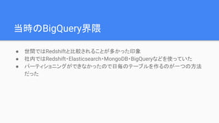 当時のBigQuery界隈
● 世間ではRedshiftと比較されることが多かった印象
● 社内ではRedshift・Elasticsearch・MongoDB・BigQueryなどを使っていた
● パーティショニングができなかったので日毎のテーブルを作るのが一つの方法
だった
 