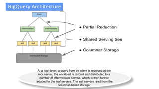 At a high level, a query from the client is received at the
root server, the workload is divided and distributed to a
number of intermediate servers, which is then further
reduced to the leaf servers. The leaf servers read from the
columnar-based storage.
 