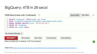 15The Products logos contained in this icon library may be used freely and without permission to accurately reference Google's technology and tools, for instance in books or architecture diagrams.
BigQuery: 4TB in 28 secs!
Taken from https://cloudonair.withgoogle.com/events/onboard-core-infrastructure?expand=talk:intermission-2
 