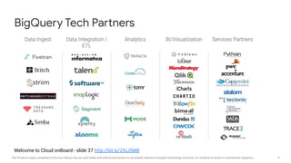 9The Products logos contained in this icon library may be used freely and without permission to accurately reference Google's technology and tools, for instance in books or architecture diagrams.
BigQuery Tech Partners
Welcome to Cloud onBoard - slide 37 http://bit.ly/2XiJ5MB
 