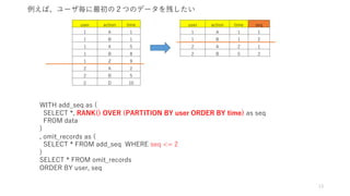 13
user action time
1 A 1
1 B 1
1 X 5
1 B 8
1 Z 9
2 A 2
2 B 5
2 D 10
例えば、ユーザ毎に最初の２つのデータを残したい
WITH add_seq as (
SELECT *, RANK() OVER (PARTITION BY user ORDER BY time) as seq
FROM data
)
, omit_records as (
SELECT * FROM add_seq WHERE seq <= 2
)
SELECT * FROM omit_records
ORDER BY user, seq
user action time seq
1 A 1 1
1 B 1 2
2 A 2 1
2 B 5 2
 