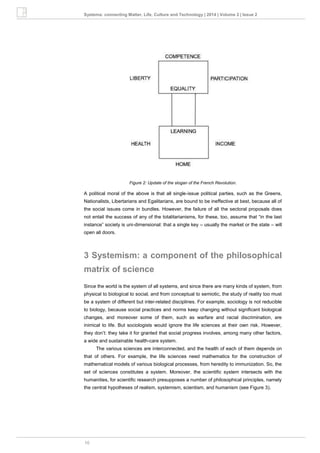 10
Systema: connecting Matter, Life, Culture and Technology | 2014 | Volume 2 | Issue 2
Figure 2: Update of the slogan of the French Revolution.
A political moral of the above is that all single-issue political parties, such as the Greens,
Nationalists, Libertarians and Egalitarians, are bound to be ineffective at best, because all of
the social issues come in bundles. However, the failure of all the sectoral proposals does
not entail the success of any of the totalitarianisms, for these, too, assume that “in the last
instance” society is uni-dimensional: that a single key – usually the market or the state – will
open all doors.
3 Systemism: a component of the philosophical
matrix of science
Since the world is the system of all systems, and since there are many kinds of system, from
physical to biological to social, and from conceptual to semiotic, the study of reality too must
be a system of different but inter-related disciplines. For example, sociology is not reducible
to biology, because social practices and norms keep changing without significant biological
changes, and moreover some of them, such as warfare and racial discrimination, are
inimical to life. But sociologists would ignore the life sciences at their own risk. However,
they don’t: they take it for granted that social progress involves, among many other factors,
a wide and sustainable health-care system.
The various sciences are interconnected, and the health of each of them depends on
that of others. For example, the life sciences need mathematics for the construction of
mathematical models of various biological processes, from heredity to immunization. So, the
set of sciences constitutes a system. Moreover, the scientific system intersects with the
humanities, for scientific research presupposes a number of philosophical principles, namely
the central hypotheses of realism, systemism, scientism, and humanism (see Figure 3).
 