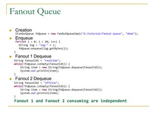 Fanout Queue
   Creation
    IFanOutQueue foQueue = new FanOutQueueImpl("d:/tutorial/fanout-queue", "demo");
   Enqueue
     for(int i = 0; i < 10; i++) {
       String log = "log-" + i;
       foQueue.enqueue(log.getBytes());
    }
   Fanout 1 Dequeue
    String fanoutId1 = "realtime";
    while(!foQueue.isEmpty(fanoutId1)) {
        String item = new String(foQueue.dequeue(fanoutId1));
        System.out.println(item);
    }
   Fanout 2 Dequeue
    String fanoutId2 = "offline";
    while(!foQueue.isEmpty(fanoutId2)) {
        String item = new String(foQueue.dequeue(fanoutId2));
        System.out.println(item);
    }
    Fanout 1 and Fanout 2 consuming are independent
 