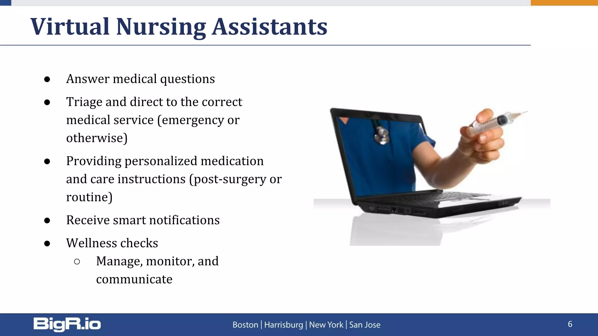 ● Answer medical questions
● Triage and direct to the correct
medical service (emergency or
otherwise)
● Providing personalized medication
and care instructions (post-surgery or
routine)
● Receive smart notifications
● Wellness checks
○ Manage, monitor, and
communicate
Virtual Nursing Assistants
6
 