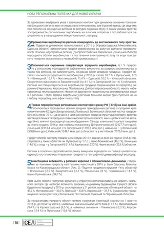 | 10 |
НОВА РЕГІОНАЛЬНА ПОЛІТИКА ДЛЯ НОВОЇ УКРАЇНИ
За однакових внутрішніх умов і зовнішньої кон’юнктури динаміка основних показни-
ків більшості регіонів має не лише різну інтенсивність, але й різний тренд. Це свідчить
про посилення конкуренції регіонів за ресурси та ринки збуту. В таких умовах зростає
зосередженість регіональних виробників на власних інтересах і послаблюється за-
цікавленість у налагодженні міжрегіональної співпраці.
2Промислове виробництво регіонів повернулось до екстенсивного типу зростан-
ня. Лідери за динамікою промисловості у 2016 р. (Кіровоградська, Миколаївська,
Одеська області) забезпечили приріст виробництва за рахунок добувної промисло-
вості. Основні індустріальні регіони (Дніпропетровська, Харківська, Донецька області)
нарощують обсяги виробництва та постачання електроенергії, газу та води при до-
сить помірних показниках у переробній промисловості.
3Посилюється сировинна спеціалізація аграрного виробництва. 6,1 % прирос-
ту у сільському господарстві забезпечено виключно за рахунок рослинництва, а
також тих регіонів, які забезпечують основний обсяг аграрної продукції. Приріст об-
сягів сільськогосподарського виробництва у 2016 р. склав 18,7 % в Луганській, 17,5
% – Вінницькій, 15,7 % – Житомирській, 11,4 % – Одеській, 10,0 % – Київській областях.
Скорочення відзначено в Закарпатській (на 4,1 %) та Запорізькій (на 1,6 %) областях.
Регіони, які спеціалізуються на виробництві продукції тваринництва та переробці си-
ровини (Черкаська, Херсонська, Полтавська, Дніпропетровська області), мають наба-
гато менші темпи зростання. Незначне зростання тваринництва спостерігалося лише
в 6 регіонах. Тобто, аграрні виробники у регіонах більшою мірою орієнтуються не на
глибоку переробку, а на ефект масштабу.
4Триває переорієнтація регіональних експортерів з ринку РФ (і СНД) на інші країни.
Посилюються торговельні зв’язки західних прикордонних регіонів з сусідніми краї-
нами-членами ЄС (для Закарпатської, Львівської, Волинської областей частка товароо-
бігу з ЄС сягає 70 %). Одночасно з цим змінюється товарна структура експорту: зростає
частка рослинної та продукції олійно-жирової промисловості; зменшується частка мета-
лургійної, хімічної та продукції машинобудування. Сальдо зовнішньої торгівлі товарами
за січень-грудень 2016 р. має найвищі показники у Дніпропетровській (2427,7 млн дол.),
Донецькій (2318,4 млн дол.) та Запорізькій (1295,2 млн дол.), найменші – у Волинській
(508,8 млн дол.), Київській (1248,1 млн дол.) областях та у місті Києві (7576,9 млн дол.).
Приріст обсягів експорту товарів у січні-грудні 2016 р. відносно до січня-грудня 2015 р. спо-
стерігався у таких областях як Луганська (у 1,7 р.), Івано-Франківська (46,3 %), Вінницька
(14,6 %), а спад – у Запорізькій (-21,6 %), Харківська (-22,2 %), Чернігівська (- 22,6 %) областях.
Регіони в освоєнні європейського ринку вимушені відходити на позиції цінової кон-
куренції, поступаючись інтересами товарної та географічної диверсифікації експорту.
5Інвестиційна активність у регіонах корелює з промисловою динамікою. Лідера-
ми за темпами приросту капітальних інвестицій у 2016 р. були Одеська, Микола-
ївська та Кіровоградська області (Рис. 2). Падіння продемонстрували п’ять областей
– Волинська (-2,5 %), Закарпатська (-6,1 %), Рівненська (-8 %), Чернівецька (-14,1 %),
Івано-Франківська (-34,7 %).
Крім цього, помітні поступові зрушення у структурі капіталовкладень на користь реаль-
ного сектора. Це частково вплинуло, зокрема, на динаміку будівництва. Приріст обсягів
будівельної продукції у 2016 р. спостерігався у 21 регіоні, причому у Вінницькій області на
43,2 %, Житомирській – 39,0 %, Одеській – 33,8 %, Харківській – 31,1 %. Будівництво продо-
вжувало скорочуватися у Запорізькій, Полтавській, Сумській та Чернівецькій областях.
За показниками приросту обсягу прямих іноземних інвестицій станом на 1 жовтня
2016 р., до початку 2016 р. найбільші значення мали місто Київ (11,7 %), Миколаївська
(9,4 %) та Кіровоградська (8,5 %), а найменші значення – Рівненська (-2,3 %), Херсон-
ська (-2,4 %) та Луганська (-10,6 %) області.
 