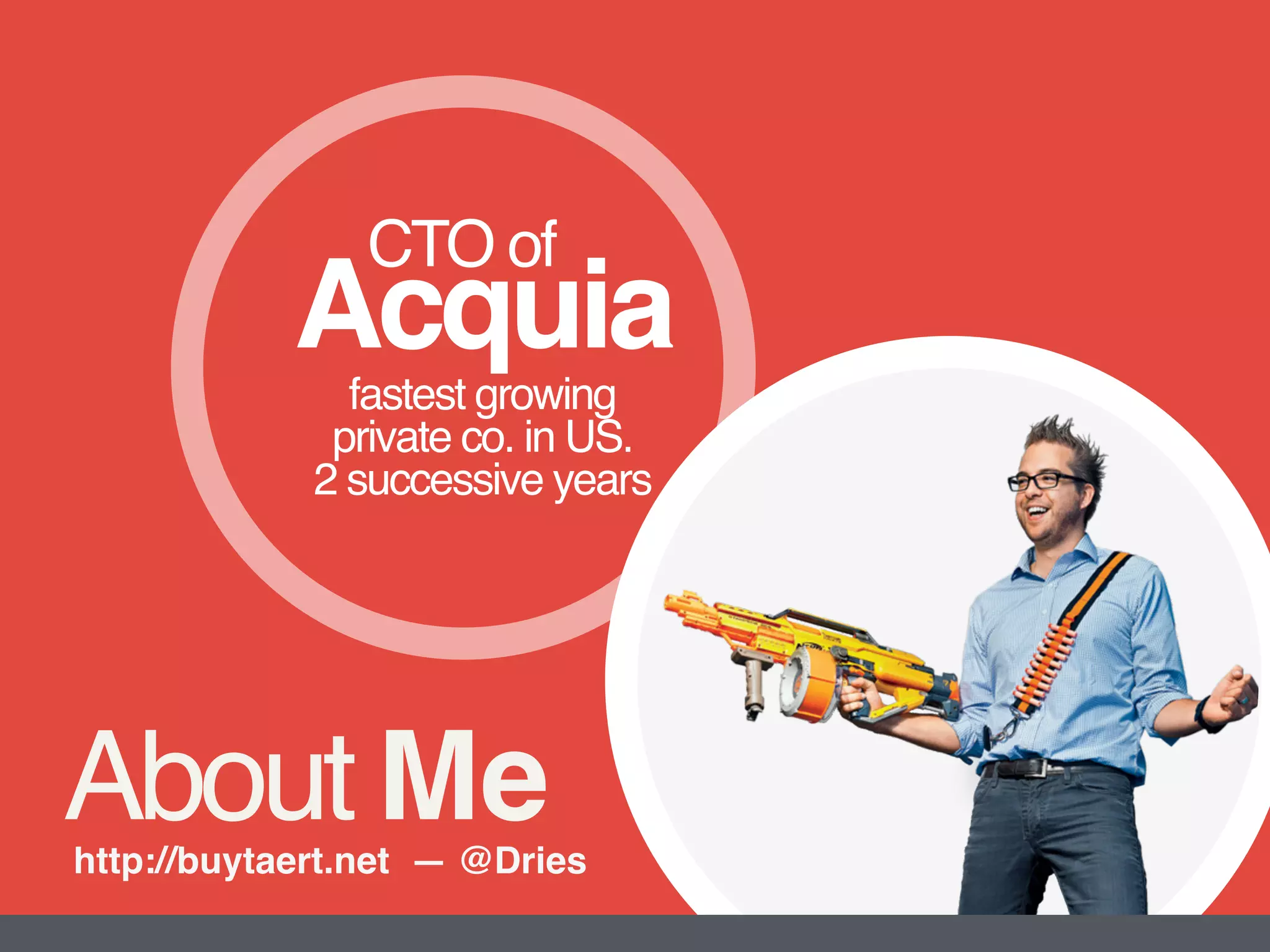 CTO of
Acquiafastest growing  
private co. in US.  
2 successive years
About Mehttp://buytaert.net — @Dries
 