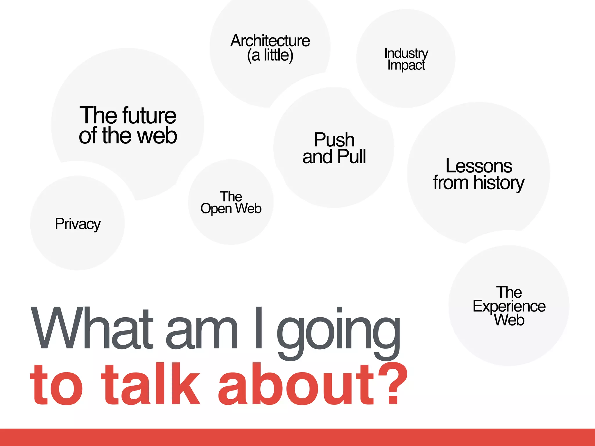 What am I going
to talk about?
The future  
of the web
Lessons 
from history
The  
Experience  
Web
Architecture
(a little)
Push  
and Pull
Industry  
Impact
The  
Open Web
Privacy
 