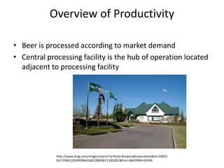 Overview of ProductivityBeer is processed according to market demandCentral processing facility is the hub of operation located adjacent to processing facilityhttp://www.bing.com/images/search?q=Rock+Brewery&view=detail&id=300C081C7FBB1C0599D9BA168CC88D0EF2185DDC&first=0&FORM=IDFRIR
