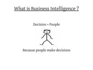 What is Business Intelligence ?

          Decision = People




    Because people make decisions
 
