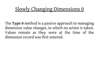 Slowly Changing Dimensions 0

The Type 0 method is a passive approach to managing
dimension value changes, in which no action is taken.
Values remain as they were at the time of the
dimension record was first entered.
 