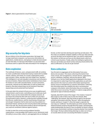 Big security for big data 
We are children of the information generation. No longer tied to large mainframe computers, we now access information via applications, mobile devices, and laptops to make decisions based on real-time data. It is because information is so pervasive that businesses want to capture this data and analyze it for intelligence. 
Data explosion 
The multitude of devices, users, and generated traffic all combine to create a proliferation of data that is being created with incredible volume, velocity, and variety. As a result, organizations need a way to protect, utilize, and gain real-time insight from “big data.” This intelligence is not only valuable to businesses and consumers, but also to hackers. Robust information marketplaces have arisen for hackers to sell credit card information, account usernames, passwords, national secrets (WikiLeaks), as well as intellectual property. How does anyone keep secrets anymore? How does anyone keep secrets protected from hackers? 
In the past when the network infrastructure was straightforward and perimeters used to exist, controlling access to data was much simpler. If your secrets rested within the company network, all you had to do to keep the data safe was to make sure you had a strong firewall in place. However, as data became available through the Internet, mobile devices, and the cloud having a firewall was not enough. Companies tried to solve each security problem in a piecemeal manner, tacking on more security devices like patching a hole in the wall. But, because these products did not interoperate, you could not coordinate a defense against hackers. 
In order to meet the current security problems faced by organizations, a new paradigm shift needs to occur. Businesses need the ability to secure data, collect it, and aggregate into an intelligent format, so that real-time alerting and reporting can take place. The first step is to establish complete visibility so that your data and who accesses the data can be monitored. Next, you need to understand the context, so that you can focus on the valued assets, which are critical to your business. Finally, utilize the intelligence gathered so that you can harden your attack surface and stop attacks before the data is exfiltrated. So, how do we get started? 
Data collection 
Your first job is to aggregate all the information from every device into one place. This means collecting information from cloud, virtual, and real appliances: network devices, applications, servers, databases, desktops, and security devices. With Software-as-a-Service (SaaS) applications deployed in the cloud, it is important to collect logs from those applications as well since data stored in the cloud can contain information spanning from human resource management to customer information. Collecting this information gives you visibility into who is accessing your company’s information, what information they are accessing, and when this access is occurring. The goal is to capture usage patterns and look for signs of malicious behavior. 
Typically, data theft is done in five stages1. First, hackers “research” their target in order to find a way to enter the network. After “infiltrating” the network, they may install an agent to lie dormant and gather information until they “discover” where the payload is hosted, and how to “acquire” it. Once the target is captured, the next step is to “exfiltrate” the information out of the network. Most advanced attacks progress through these five stages, and having this understanding helps you look for clues on whether an attack is taking place in your environment, and how to stop the attacker from reaching their target. The key to determining what logs to collect are to focus on records where an actor is accessing information or systems. 
Cust 
omers are generating lots of dataThe InternetClient/serverMobile, social, big data & the cloudCRMSCMHCMMRMAmazon Web ServicesIBMGoGridJoyentHosting.comTata CommunicationsDatapipeAlterianHylandLimeLight NetDocumentsNetReachOpenTextGoogleHPEMCQvidianSagesalesforce.comXactlyZohoAribaCCCDCCCost ManagementOrder EntryProduct ConguratorBills of MaterialEngineeringInventoryManufacturing ProjectsQuality ControlEducationLifestyleMusicReferenceSportTravelEvery 60 seconds400,710 ad requests2000lyrics playedon Tunewiki1500pingssent on PingMe34,597 peopleusing Zinio208,333minutes ofAngry Birds played23,148 apps downloadedUnisysBurroughsHitachiNECTaleoWorkscapeCornerstone onDemandOpSourcePPMPaperHostXeroxMicrosoftSLI SystemsIntraLinksSugarCRMVolusionAdobeAvidCorelMicrosoftSerifYahooCyberShiftSabaSoftscapeSonar6Yahoo! QuadremElemicaKinaxisSCMADP VirtualEdgeCyberShiftKenexaSabaSoftscapeSonar6Exact OnlineFinancialForce.comIntacctNetSuiteSAPNetSuitePlexSystemsDatabaseERPHCMPLMClaim ProcessingBullFijitsuCash ManagementAccounts ReceivableFixed AssetsCostingBillingTime and ExpenseActivity ManagementPayrollTrainingTime  AttendanceRosteringSales tracking  MarketingCommissionsServiceData Warehousing98,000 tweetsFinancebox.netFacebookLinkedInPinterestAtlassianSmugMugAmazoniHandyPingMeSnapshUrbanScribd. PandoraAppFogBromiumSplunkkaggleParseScaleXtremeSolidFireQuickbooksFoursquarebuzzdDragon DictioneBaySuperCamUPS MobileScanner ProRackspaceJive SoftwarePaint.NETBusinessEntertainmentGamesNavigationNewsPhoto  VideoProductivitySocial NetworkingUtilitiesWorkbrainSuccessFactorsWorkdayTripItZyngaZyngaBaiduTwitterTwitterYammerAtlassianMobilieIronSmugMugAtlassianAmazonPingMeAssociatedcontentFlickrYouTubeAnswers.comTumblr. MobileFrame.comMixiCYworldQzoneRenrenXingYandexYandexHerokuRightScaleNew RelicCloudSigmacloudabilitynebulaZillabytedotCloudBeyondCoreMozyViberFringTogglMailChimpHootsuiteFed Ex MobileDocuSignHP ePrintiScheduleKhan AcademyBrainPOPmyHomeworkCookie DoodleAh! Fasion GirlMainframe 
Figure 1. Data is generated at a much faster pace 
3  