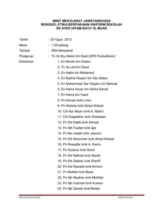BINA INSAN GURU PPG JUN 2011
MINIT MESYUARAT JAWATANKUASA
BENGKEL ETIKA BERPAKAIAN UNIFORM SEKOLAH
SK AYER HITAM BATU 18, MUAR
Tarikh : 20 Ogos 2013
Masa : 1.20 petang
Tempat : Bilik Mesyuarat
Pengerusi : Tn Hj Abu Bakar bin Saat (GPK Pentadbiran)
Kehadiran 1. En Nordin bin Kastor
2. Tn Hj Laili bin Daud
3. En Halim bin Mohamed
4. En Badrul Hisyam bin Abu Bakar
5. En Muhammad Nur Hisyam bin Rahmat
6. En Hairul Anuar bin Abdul Samat
7. En Hairul bin Yusof
8. Pn Asmah binti Limin
9. Pn Wahida binti Abdul Wahab
10. Cik Nur Mazni binti A. Rahim
11. Cik Suzyazlina binti Shahadan
12. Pn Siti Dalila binti Ahmad
13. Pn Hjh Fazilah binti Ijab
14. Pn Nor Azilah binti Jasmon
15. Pn Siti Rosminah binti Abdul Wahab
16. Pn Rosazlila binti A. Karim
17. Pn Suziana binti Senin
18. Pn Siti Nafisah binti Nandir
19. Pn Siti Zulaiha binti Shariff
20. Pn Siti Rasidah binti Kirmon
21. Pn Norlida binti Musa
22. Pn Hjh Mazlina binti Mokhtar
23. Pn Hjh Fatimah binti Kusnon
24. Pn Hjh Zainab binti Badeli
 