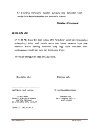 BINA INSAN GURU PPG JUN 2011
4.7 Sekiranya mempunyai masalah, guru-guru yang berkenaan boleh
merujuk terus kepada penyelas atau setiausaha program.
Tindakan : Semua guru
5.0HAL-HAL LAIN
5.1 Tn Hj Abu Bakar bin Saat selaku GPK Pentadbiran sekali lagi mengucapkan
setinggi-tinggi terima kasih kepada semua guru kerana menerima tugas yang
diberikan. Beliau berharap komitmen yang tinggi dapat diteruskan demi
pembangunan modal insan murid dan disiplin yang tinggi..
Mesyuarat ditangguhkan pada jam 2.30 petang.
Disediakan oleh, Disemak oleh,
..........................................………
(NORAZLINA BINTI HUSSIN) (TN HJ JASMAN BIN KASRAN)
PENYELARAS, GURU BESAR
BENGKEL ETIKA BERPAKAIAN SK AYER HITAM BATU 18
UNIFORM SEKOLAH MUAR, JOHOR
SK AYER HITAM BATU 18, MUAR
Tarikh : 21 OGOS 2013
 