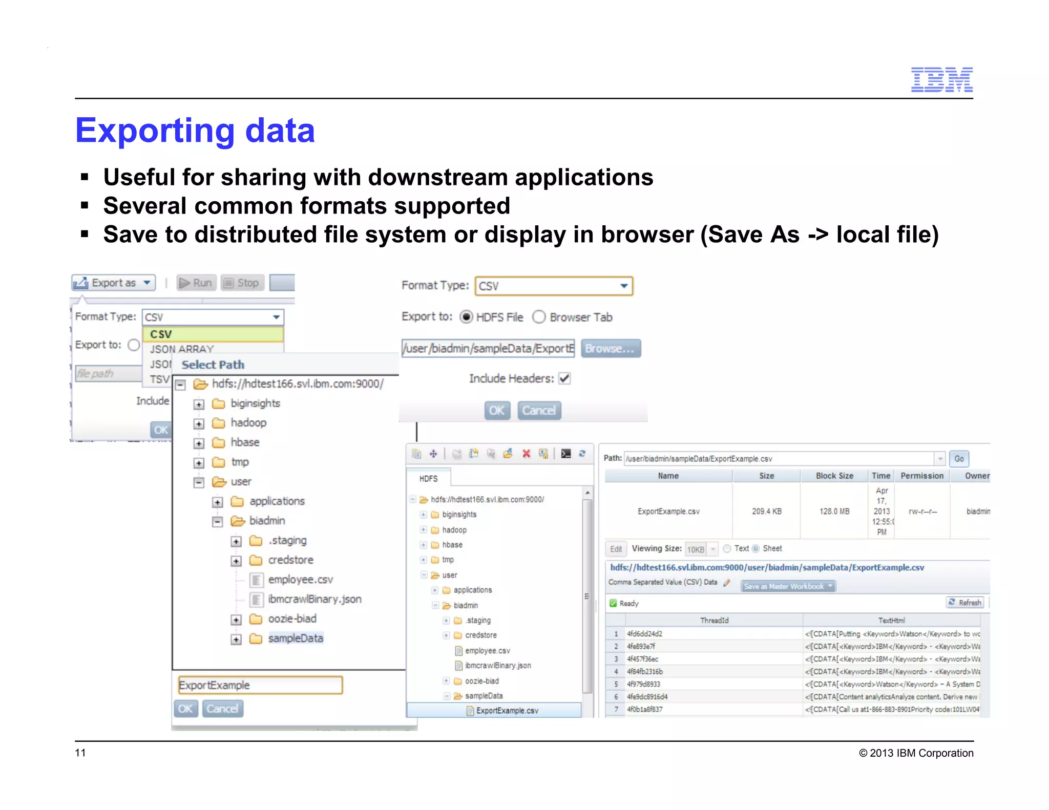 Exporting data
Useful for sharing with downstream applications
Several common formats supported
Save to distributed file system or display in browser (Save As -> local file)

11

© 2013 IBM Corporation

 