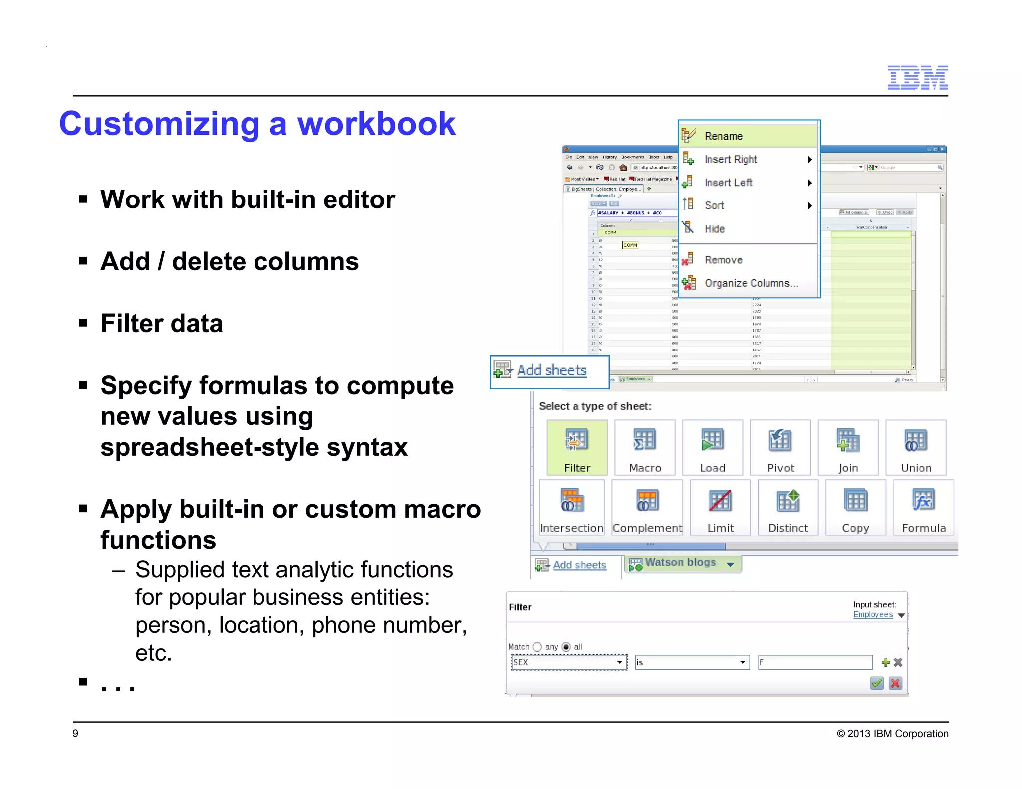 Customizing a workbook
Work with built-in editor
Add / delete columns
Filter data
Specify formulas to compute
new values using
spreadsheet-style syntax
Apply built-in or custom macro
functions
– Supplied text analytic functions
for popular business entities:
person, location, phone number,
etc.

...
9

© 2013 IBM Corporation

 