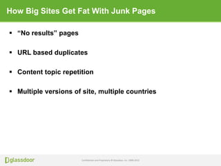 Confidential and Proprietary © Glassdoor, Inc. 2008-2013
How Big Sites Get Fat With Junk Pages
 “No results” pages
 URL based duplicates
 Content topic repetition
 Multiple versions of site, multiple countries
 